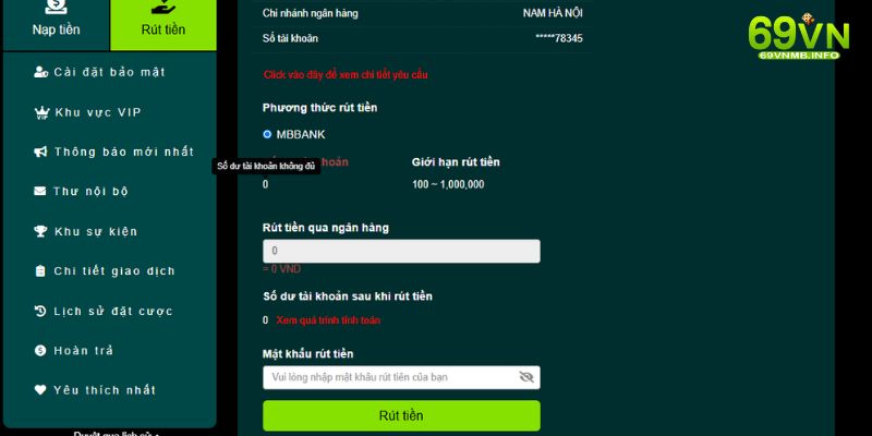 Form điền thông tin để rút tiền 69vn